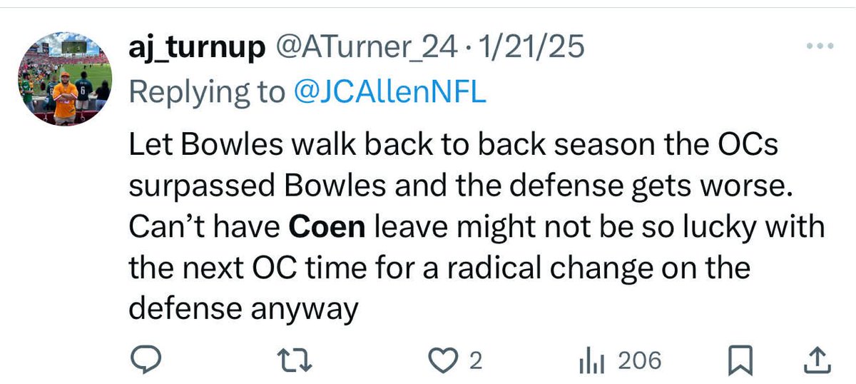 ATurner_24's tweet photo. I definitely remember on @BucsReportNFL the Aftermath explaining why keeping Coen and letting Bowles walk was the best option for the Bucs and look what Coen did in Jacksonville #gobucs #bucsreport https://t.co/E6rf3zhycy
