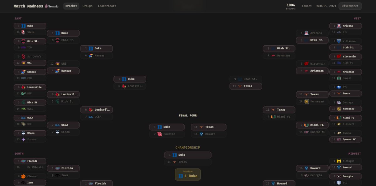 Ncaa March Madness bracket event! <a href="/SeismicSys/">Seismic</a> 
All bet on Duke 🤣
private 🪽  , join with me at brackets.seismictest.net
only 0.1 testnet eth to enter
#⁠seismicbrackets

<a href="/heathcliff_eth/">Heathcliff</a> <a href="/NoxxW3/">Noxx</a> <a href="/nanajiang8888/">Kristina娜娜酱 (✱,✱)</a> <a href="/xealistt/">Xealist</a>
