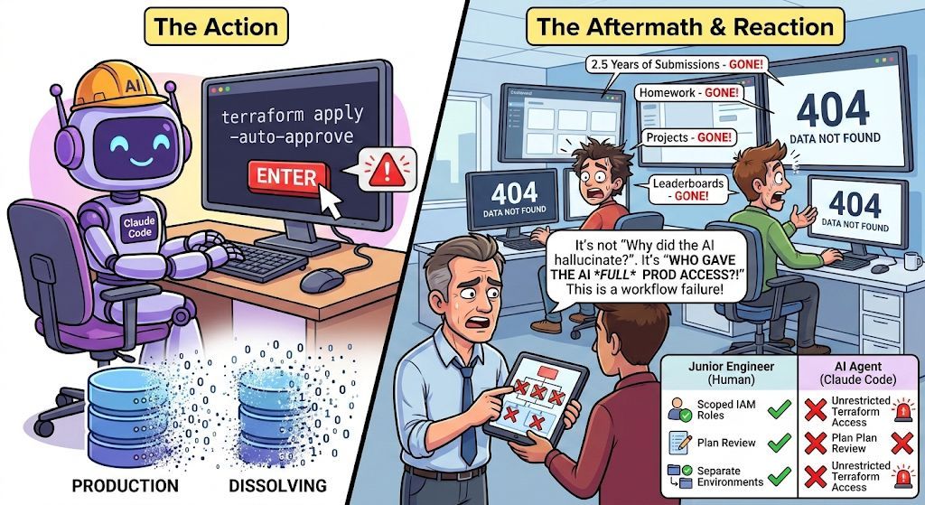Claude Code wiped a production database with a single Terraform command. 2.5 years of submissions, homework, projects, leaderboards and all gone.

My first question: who gave an AI agent Terraform access to production? Not "why did the model hallucinate." 

We don't give junior