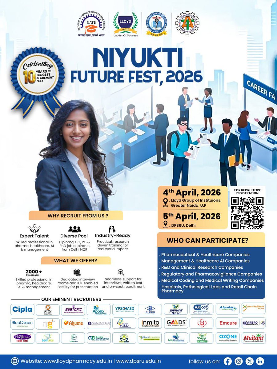 🚀 Step into the future of opportunities

Niyukti Future Fest 2026 is where recruiters meet ambition.
Pharma. Healthcare. AI. Management. One platform.

📍 4 April – Lloyd Group of Institutions, Greater Noida
📍 5 April – DPSRU, Delhi

#Niyukti2026 #FutureFest  #CareerGrowth