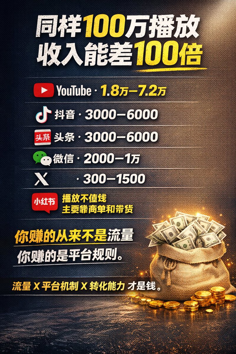同样100万播放，收入能差100倍。

YouTube：1.8万—7.2万
抖音：3000—6000
头条：3000—6000
公众号：2000—1万
X：300—1500
小红书：播放不怎么值钱，主要靠商单和带货

残酷的真相是：
你赚的从来不是流量，
你赚的是平台规则。

有的平台按播放分钱，
有的平台拿播放当门面，