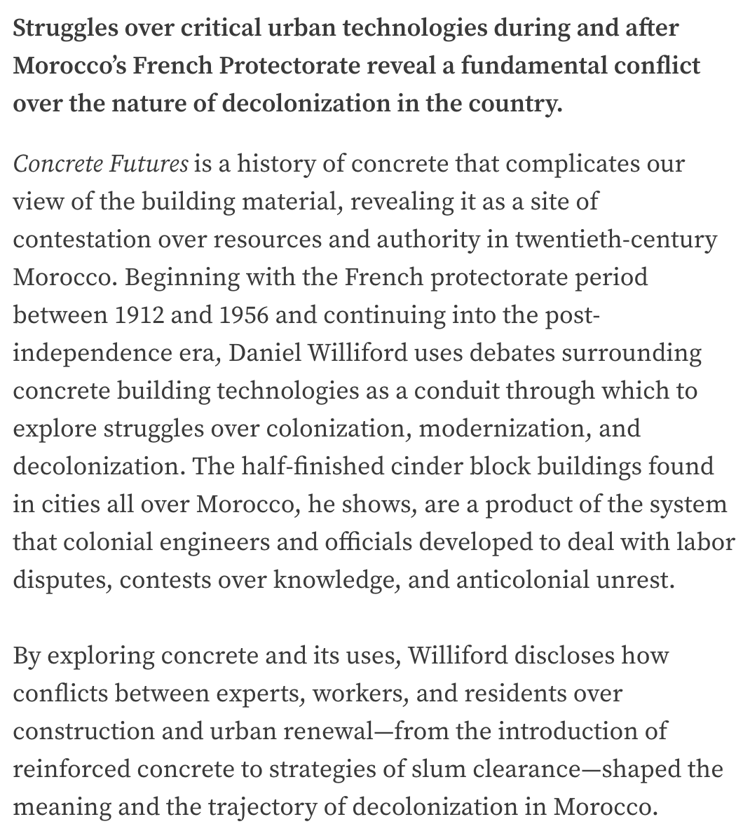 As a historian of technology, this forthcoming book on the history of concrete in Morocco with <a href="/UChicagoPress/">UChicagoPress</a> looks promising!