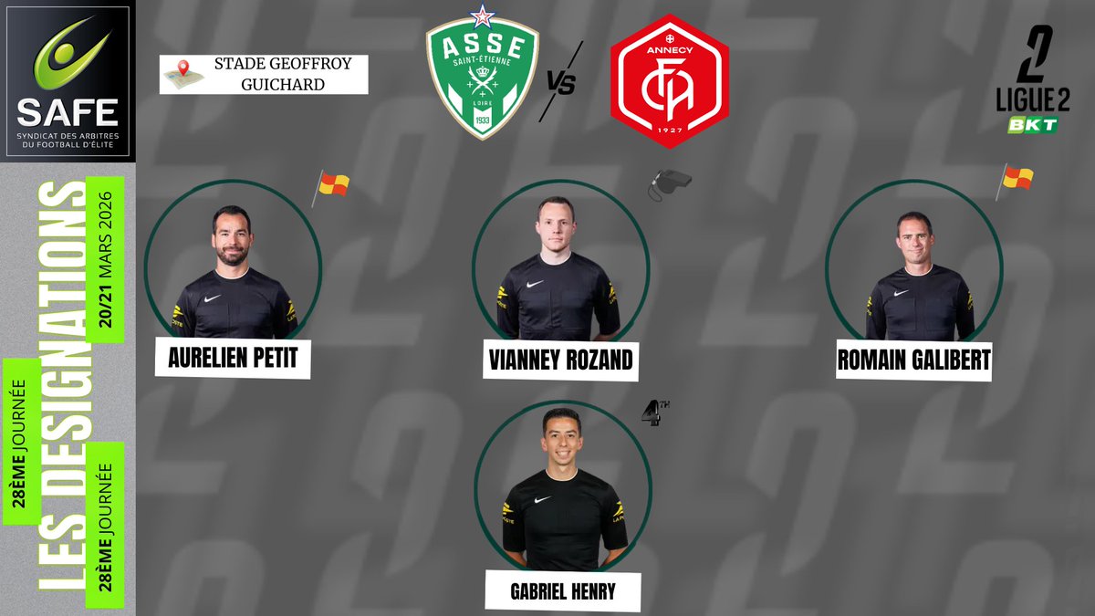 ArbitresSAFE's tweet image. ⭕️Les désignations

➡️ 27ème journée de Ligue 2 BKT

🖥️Retrouvez toute l’actualité des arbitres d’élite français sur notre site web en description du compte
#arbitrage #referee