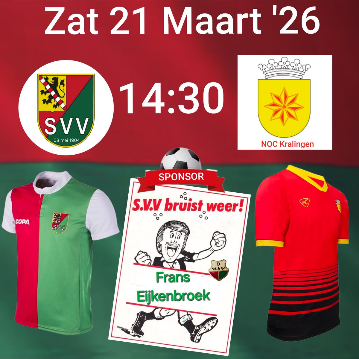#MATCHDAY  Zat 21 Maart '26. Aanvang 14:30.
🔴🟢⚪️⚽️
2e wedstrijd in de 3e periode .
#SVV #Schiedam 1 -<a href="/NOCKralingen/">NOCKralingen</a> 1
⚽️sponsor : Frans Eijkenbroek.