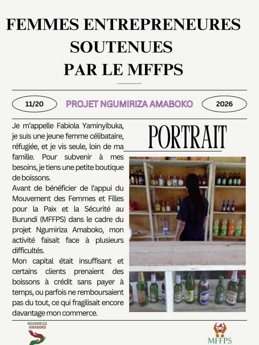 Burundi_mffps's tweet photo. À travers le projet Ngumiriza Amaboko, le #MFFPS met à l’honneur des femmes qui construisent leur autonomie et transforment leur avenir.
Pour ce onzième portrait, nous vous présentons Fabiola Yaminyibuka.
#GiveToGain
#NgumirizaAmaboko