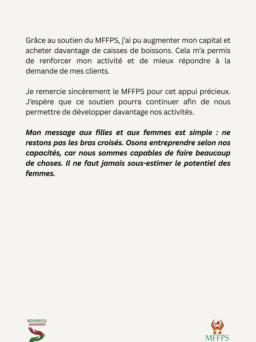 Burundi_mffps's tweet photo. À travers le projet Ngumiriza Amaboko, le #MFFPS met à l’honneur des femmes qui construisent leur autonomie et transforment leur avenir.
Pour ce onzième portrait, nous vous présentons Fabiola Yaminyibuka.
#GiveToGain
#NgumirizaAmaboko