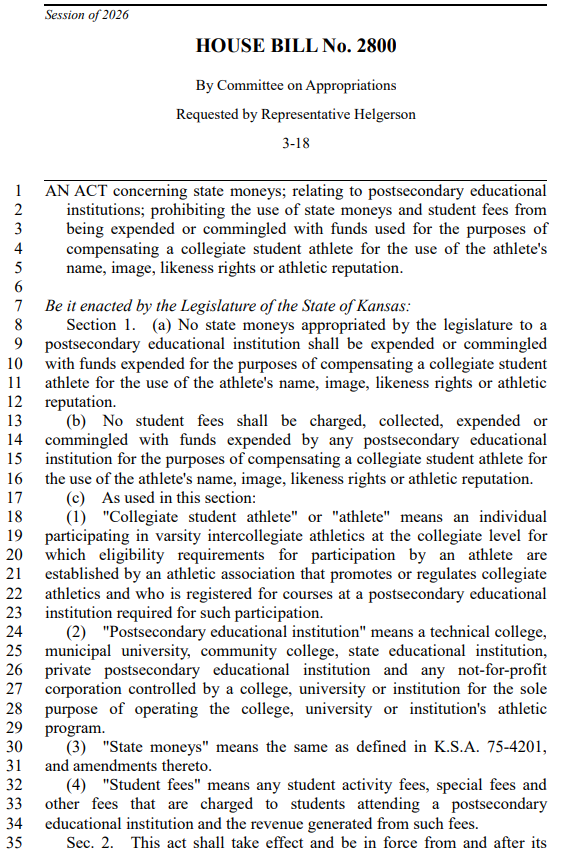 DanGreene15's tweet image. A bill has been introduced in Kansas that would prohibit state funds and student fees from being used or commingled with funds that compensate collegiate athletes for their #NIL. kslegislature.gov/li/b2025_26/me…