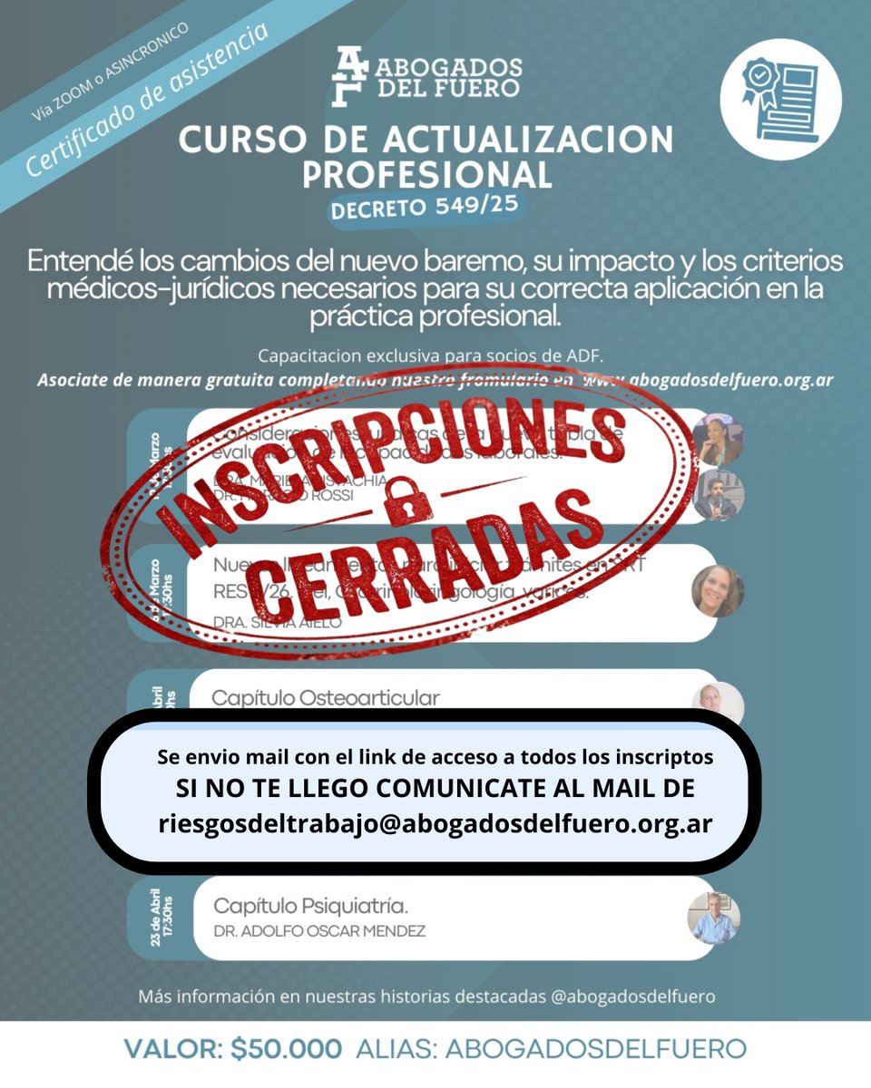 🚫 INSCRIPCIONES CERRADAS

📩 Ya enviamos el mail con el link de acceso a todos los inscriptos.

❗ Si no te llegó, comunicate a:
📧 riesgosdeltrabajo@abogadosdelfuero.org.ar