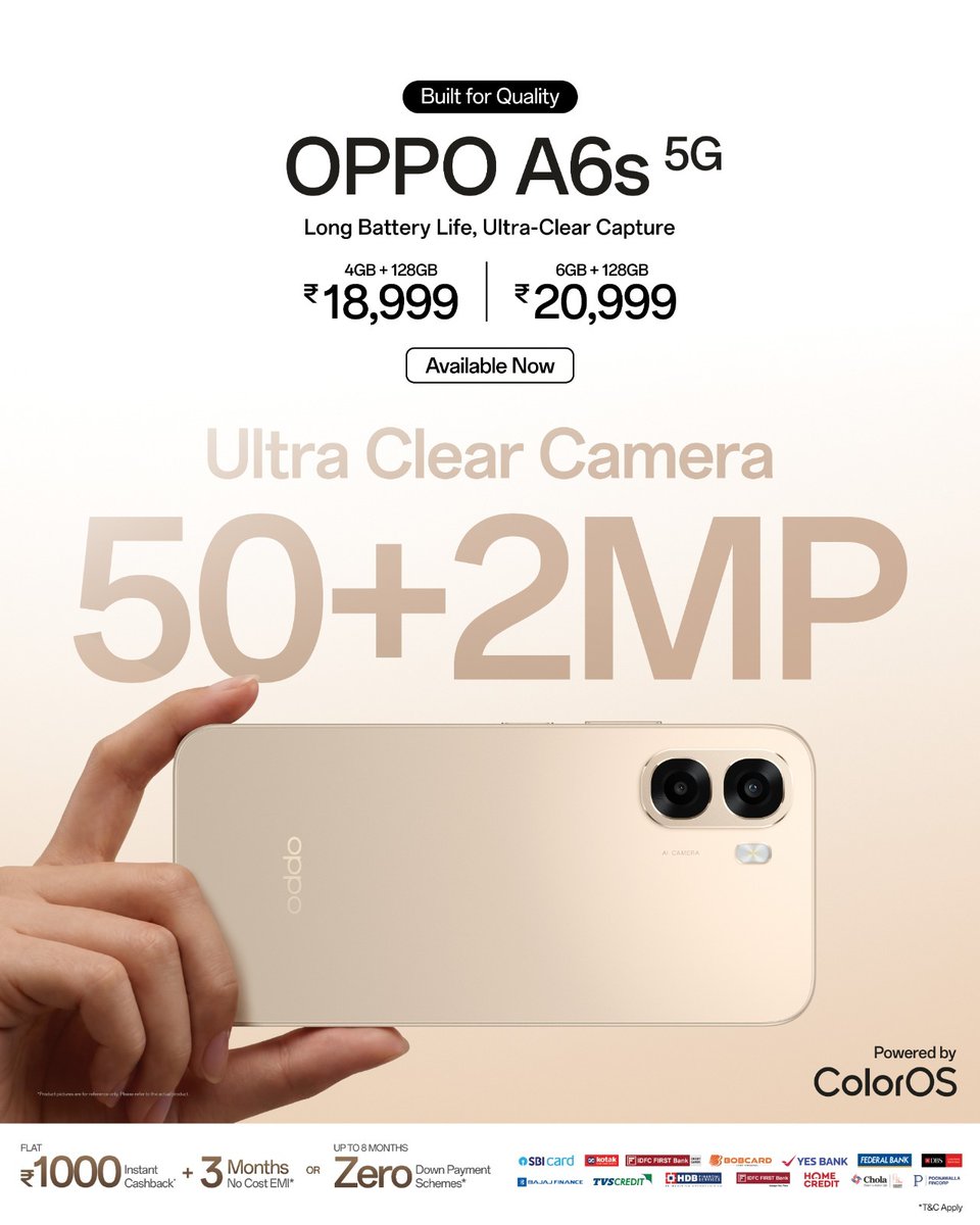 SmarttechnicalR's tweet photo. Meet the new #OPPOA6s5G 💫
Priced at ₹18,999 &amp; ₹20,999, it brings a 50MP+2MP ultra-clear camera for crisp shots, wrapped in a sleek design that truly stands out. https://t.co/2C10uH9r2X