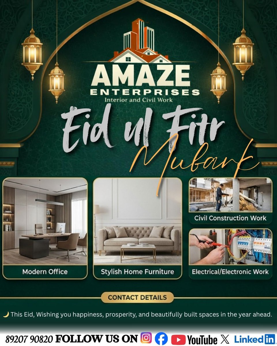amazeenterpris's tweet image. Eid ul Fitr Mubarak! 🌙✨
May your homes and workplaces be filled with peace, prosperity, and positivity.

8920790820
#EidMubarak #AmazeEnterprises #EidUlFitr #FestiveWishes #InteriorDesign #OfficeInterior #HomeDesign #CivilWork #Blessings #Prosperity #ModernSpaces ✨
