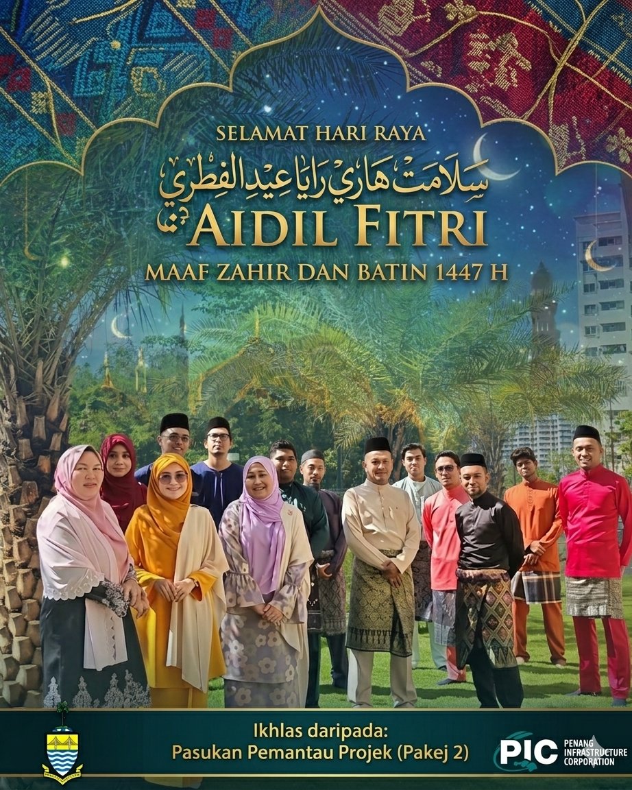 pmrt_package2's tweet photo. Selamat Hari Raya Aidilfitri, Maaf Zahir &amp; Batin! 🌙✨

​Ikhlas daripada kami di Pasukan Pemantau Projek (Pakej 2), Penang Infrastructure Corporation (PIC).

Semoga Syawal ini membawa keberkatan buat semua. 🤝🛣️

​#Aidilfitri1447H #PICPenang #Pakej2 #PenangInfrastructure https://t.co/wF9FjJXQQb