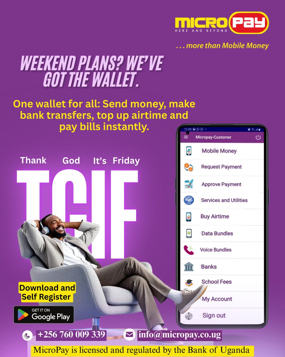 MicroPayug's tweet image. Thank God It’s Friday! Whether you’re out with friends or relaxing at home, keep your weekend moving smoothly. Top up airtime, make bank transfers and pay bills instantly with MicroPay. 
Download and self-register to get your weekend started right!
#MicroPay #FinancialInclusion