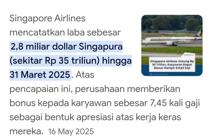 triajaaa's tweet photo. @MiskinTV_ @adekoedin3 Beda Garuda dan Singapore Airlines, Garuda rugi 5.4 T, Singapore Airlines untung 35 T, ditahun buku yg sama.. #indon mmg goblok.. https://t.co/hyoV6yWZPG