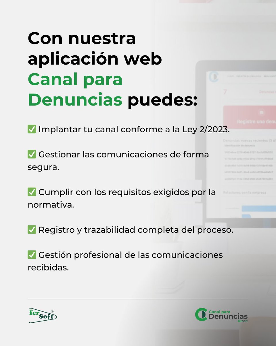 fersoft_es's tweet photo. 𝐘 𝐚𝐥𝐠𝐨 𝐢𝐦𝐩𝐨𝐫𝐭𝐚𝐧𝐭𝐞: No vale con un simple correo electrónico.

— La normativa exige un sistema que garantice:

✔️ Confidencialidad y anonimato del informante.
✔️ Registro y trazabilidad completa del proceso.
✔️ Gestión profesional de las comunicaciones recibidas. https://t.co/LJF56Wutge