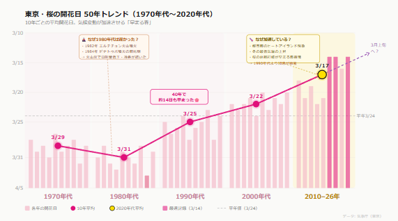 🌸 東京、3/19桜開花（平年より5日早）
過去50年データが示す衝撃的な事実👇
70年代→3/29
80年代→3/31（火山噴火で一時遅延）
90年代→3/25
00年代→3/22
20年代→3/17
40年で14日。
このペースなら2046年は3月上旬咲き。
入学式に🌸は古い概念で理解不能になる