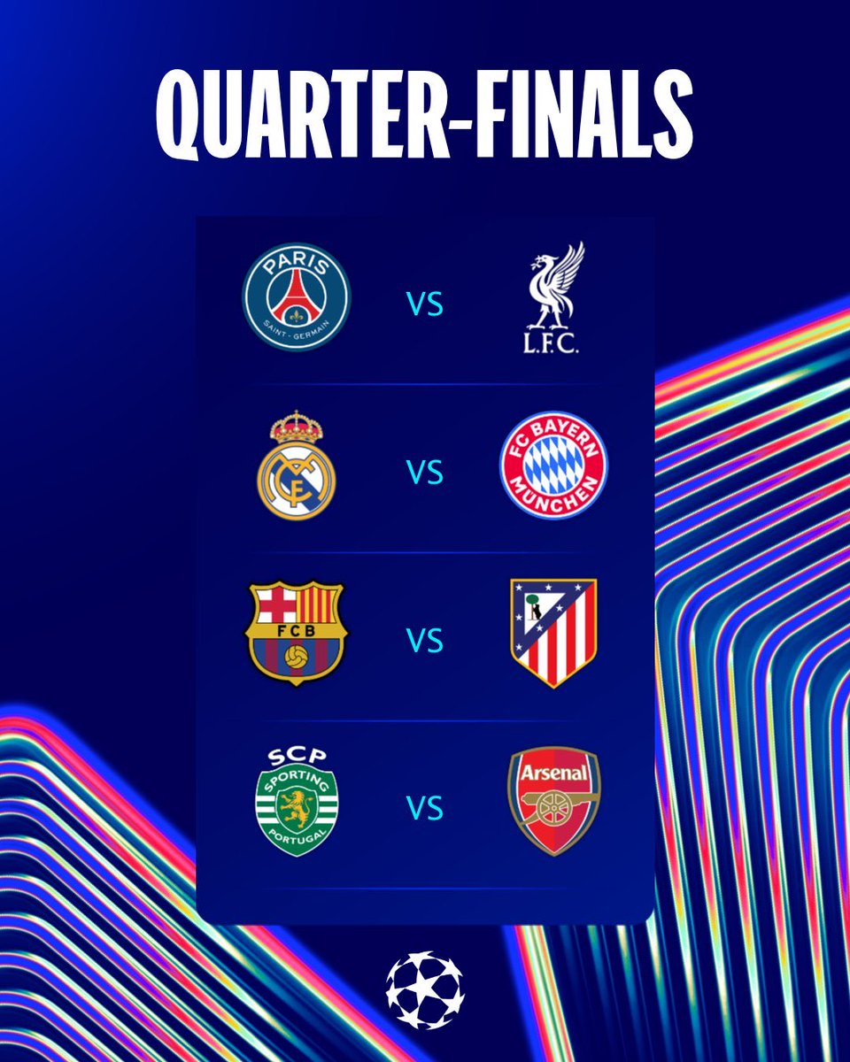 Statsofplay's tweet photo. 🏆 UEFA Champions League Quarter-Finals are SET! 🔥

Real Madrid 🆚 Bayern Munich 
Sporting CP 🆚 Arsenal 
PSG 🆚 Liverpool 
Barcelona 🆚 Ath Madrid

First legs: April 7–8 | Second legs: April 14–15 https://t.co/qE2NX2QkOy