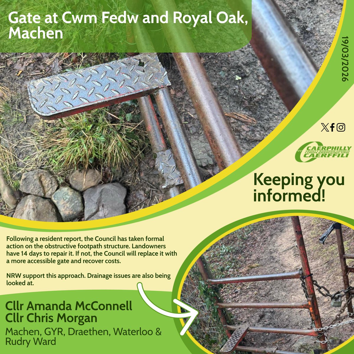 McConAmanda's tweet image. 📣 Coed Bovil update: After a resident report, formal action taken on obstructive footpath.

Landowners have 14 days to fix it or the Council will replace with a gate &amp;amp; recover costs. NRW support.

#MachenRudryWard #CCBC
