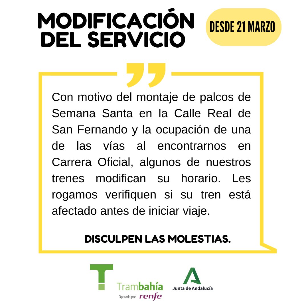 Trambahia's tweet photo. ⚠️ Desde el sábado 21 de marzo, con motivo del montaje de palcos de Semana Santa en Calle Real, algunos de nuestros trenes modifican su horario.
🔍Les rogamos verifiquen si su tren está afectado antes de iniciar viaje. https://t.co/dtpFhbFHLt