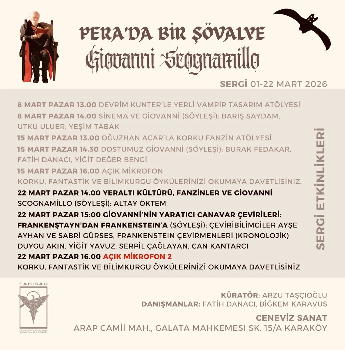 Frankenstein çevirmenleri olarak <a href="/fabisad/">FABİSAD</a> çatısı altında “Pera’da Bir Şövalye - Giovanni Scognamillo sergisi bünyesinde toplanıyoruz ve Frankenstein’ın canavarını, yazarını konuşuyoruz. Küratör Arzu Taşçıoğlu ve bizi bir araya getiren <a href="/Ceviribilim/">Sabri Gürses</a> sağ olsun. Bu arada, “Duygu