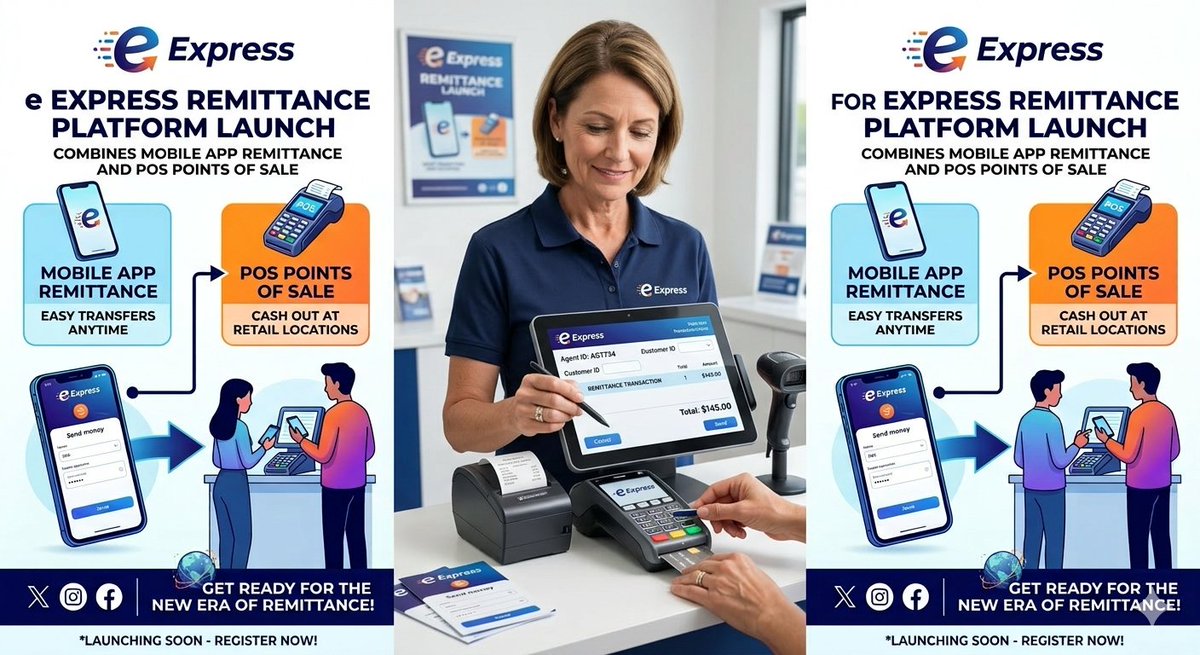 SidraExpress's tweet photo. https://t.co/I8bdtpFR34
​e Express is bridging the gap between digital ease and physical reach. Send money via our mobile app and cash out at any e Express POS point. 📱+ 🏧
​Get ready to move money faster. #eExpress #Remittance #Fintech #ComingSoon https://t.co/HtVARSdOjA