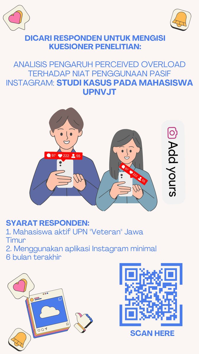 [cm] haloo guyss buat warga UPNVJT minta bantuan isi kuesioner kami donggg. Satu response dari kalian  akan sangat membantu kami😊

terimakasih banyakkk🙏💚