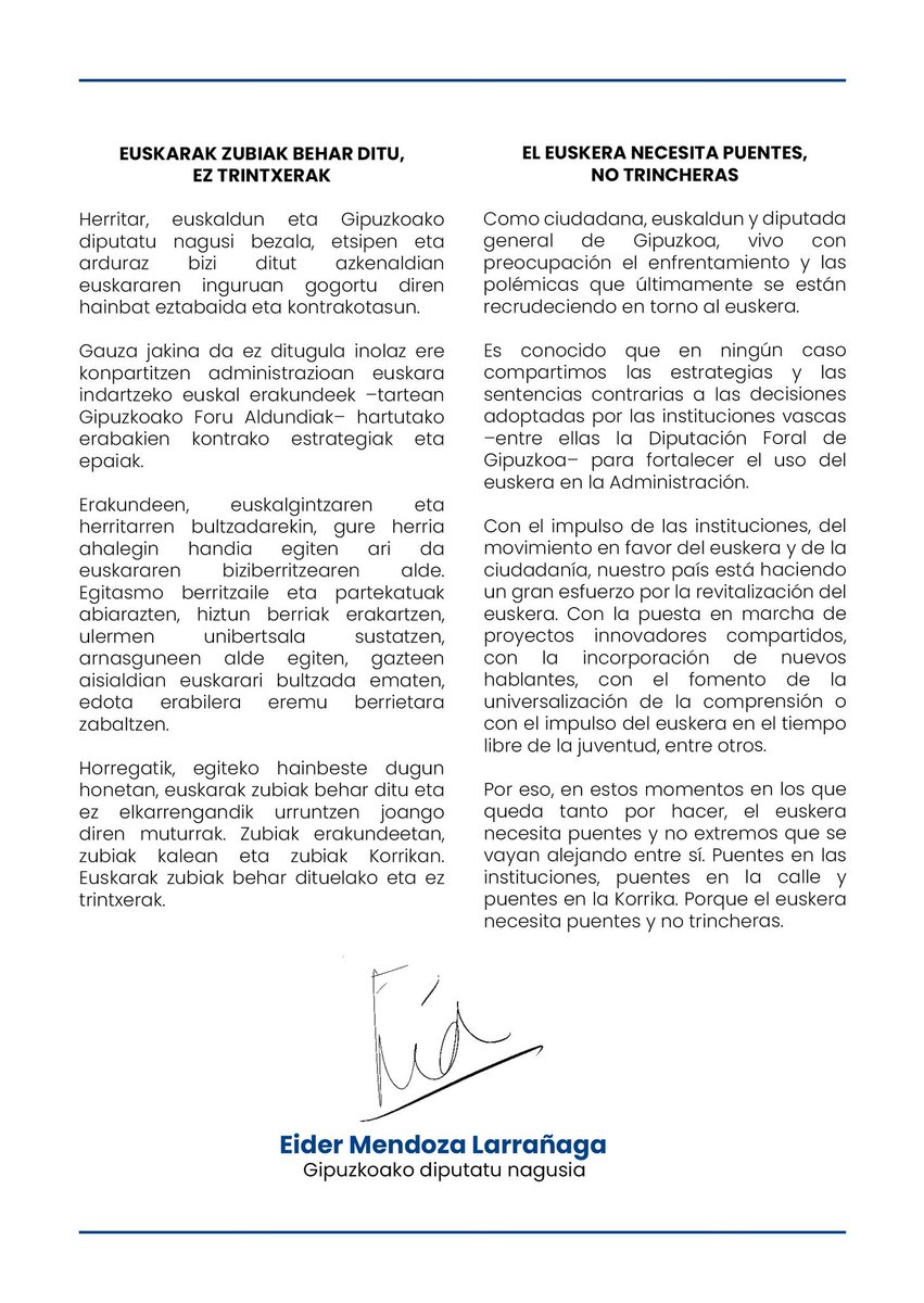 eajpnvgipuzkoa's tweet photo. 📝 Euskarak zubiak behar ditu eta ez elkarrengandik urruntzen joango diren muturrak. Zubiak erakundeetan, zubiak kalean eta zubiak Korrikan. Euskarak zubiak behar dituelako eta ez trintxerak.

Eider Mendoza 
Gipuzkoako diputatu nagusia https://t.co/5zi98VeV3d