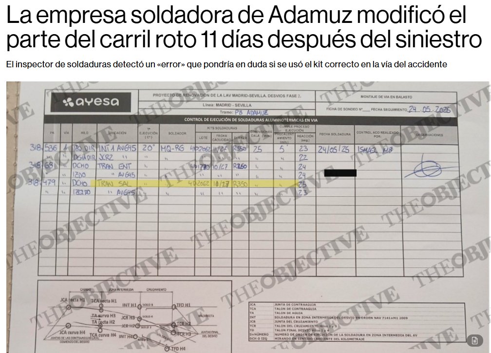 Y el Gobierno negándose a dar el informe que dijo Óscar Puente sobre la revisión de la soldadura que se realizó meses antes del accidente.

Su única obsesión es sepultar la tragedia y que se sepa cómo es posible que nadie detectara el estado de la soldadura y que llevaba rota