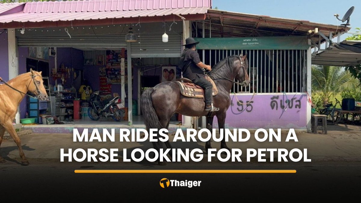 ThaigerNews's tweet photo. When the pumps ran dry in Ang Thong, one man saddled up instead — riding his horse through the village with a fuel can in hand, hunting for petrol to keep his farm running. #Thailand #AngThong #FarmLife https://t.co/uVyGh8bfPi