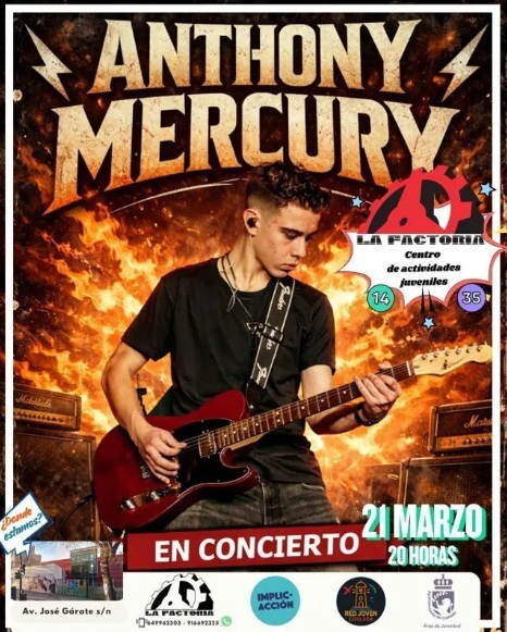 🎶🔥 ¡Anthony Mercury en concierto en directo este sábado en #LaFactoría! 🔥🎶
Ven y  disfruta de una noche llena de ritmo, energía y buen ambiente 🎤🎸✨
📅  21  marzo
⏰ 20h

Si te gusta la música en directo, este plan es para ti 🎧🔥

#RedJovenCoslada #Coslada #Juventud🎶🎸