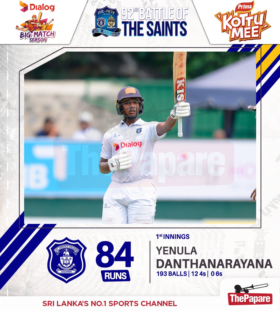 ThePapareSports's tweet image. Yenula Danthanarayana delivers a solid half-century at the top of the order for St. Joseph’s College.

Coverage Powered by Prima Kottumee 

LIVE NOW 👉 live.thepapare.com/event/st-josep…

#BattleOfTheSaints #BigMatchSeason