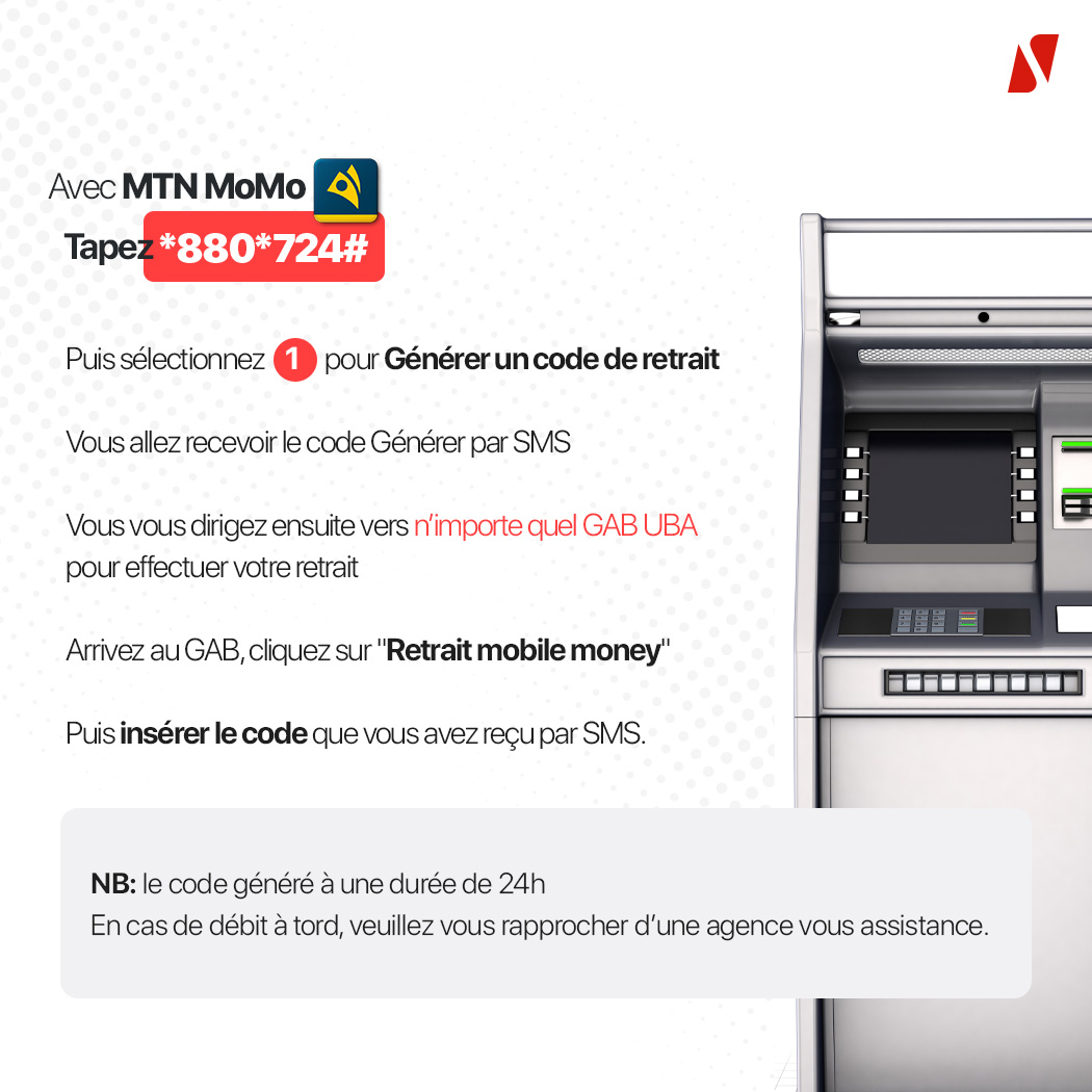 UBABenin's tweet image. La banque moderne, c'est la liberté de gérer son argent à tout moment.
📲➡️🏧 Retrait Mobile Money sur GAB : on vous explique tout en quelques étapes simples.
Rapide, sécurisé, disponible 24h/24 et 7j/7.

#ToutPourVous #RetraitMobileMoney #BanqueDigitale #africasglobalbank