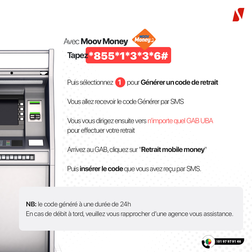 UBABenin's tweet image. La banque moderne, c'est la liberté de gérer son argent à tout moment.
📲➡️🏧 Retrait Mobile Money sur GAB : on vous explique tout en quelques étapes simples.
Rapide, sécurisé, disponible 24h/24 et 7j/7.

#ToutPourVous #RetraitMobileMoney #BanqueDigitale #africasglobalbank