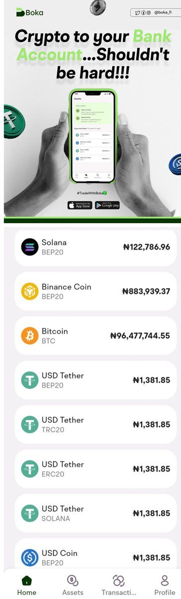 Boka_Fi's tweet photo. Boka app makes it effortless! Convert SOL, BTC, BNB & USDT (all chains) straight to ₦ in your bank instantly.
Portfolio looking strong and sweet 💪🏽 📈
Download now 
Rate too sweet 😌🔥
https://t.co/JNQ0Ar27mJ

#BTC #Crypto #CryptoNigeria #BokaFi #CryptoToNaira #Web3 #DeFi #NaijaCrypto #SOL #BnB