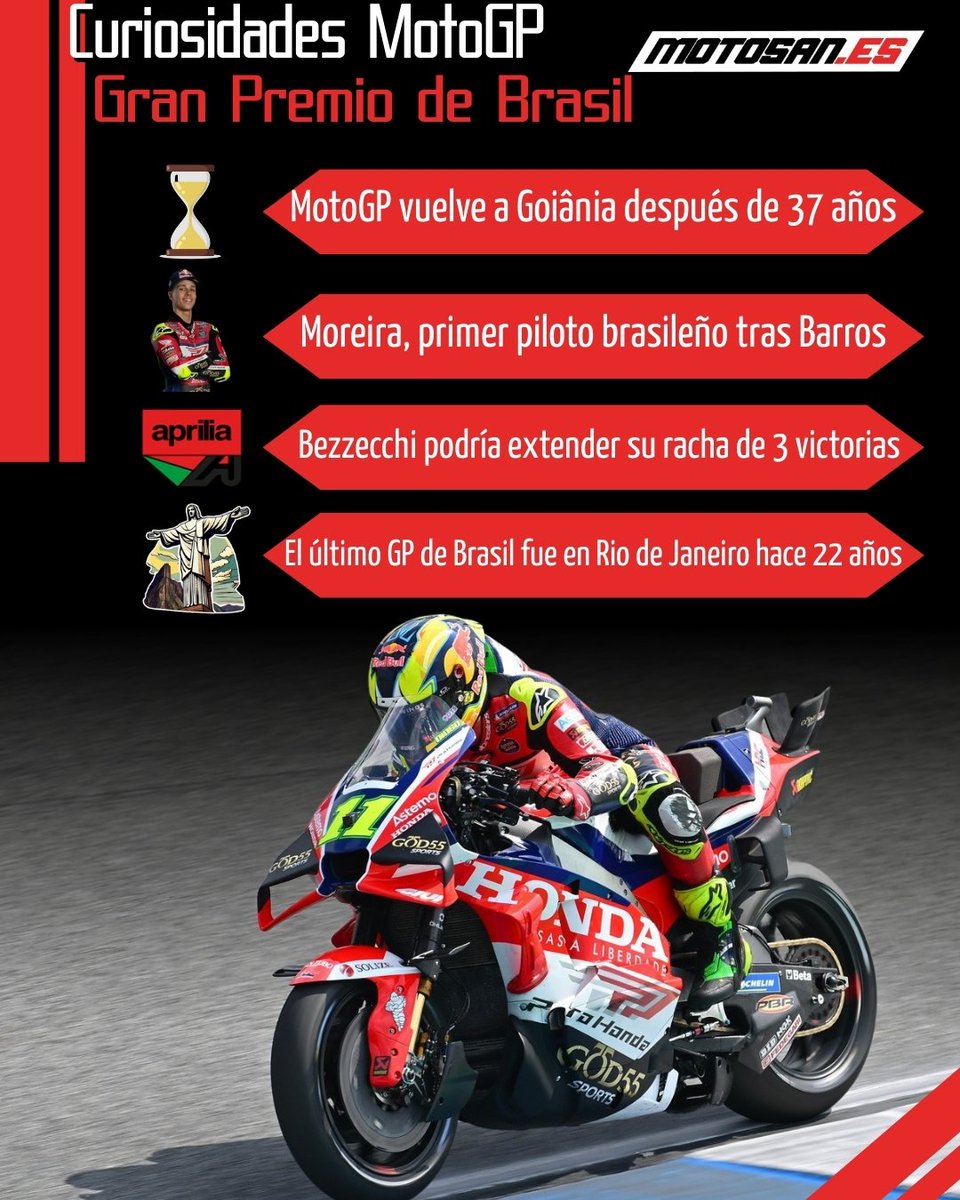 Motosan_es's tweet photo. 🏆 Mañana comienza el Gran Premio de Brasil de MotoGP, por eso mencionamos algunas curiosidades de esta segunda parada del Mundial este 2026
#motogp #goiânia #gpbrasil #diogomoreira https://t.co/ESgUEc4h5g