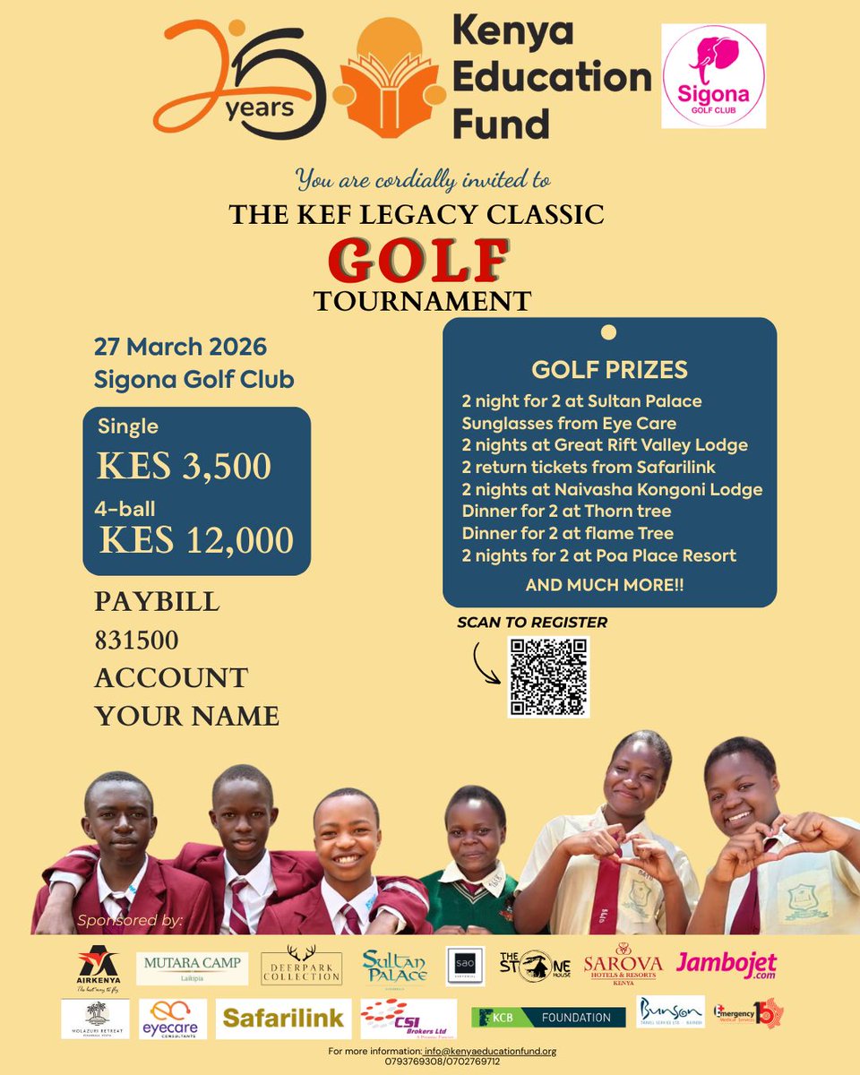 KEeducationfund's tweet photo. Only 1 week to go until the KEF Legacy Classic Golf Tournament at Sigona Golf Club on 27th March! Join us for a fantastic day of golf fun, networking, and making a difference through education Also don’t miss out on our annual raffle ��� tickets are just KES 1,000!
#kenyaopen #golf https://t.co/v8JaDK75UH