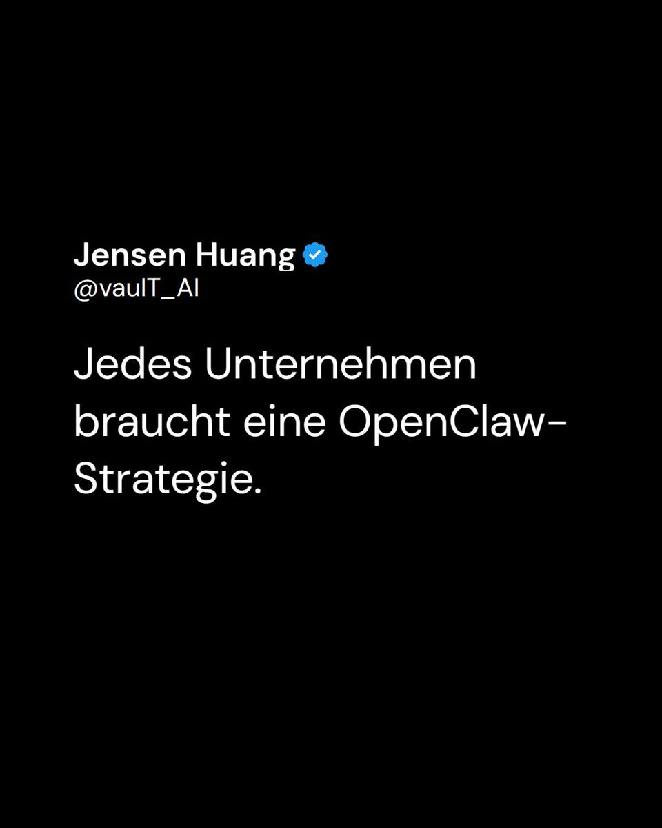 vauIT_AI's tweet photo. NVIDIA GTC 2026: NemoClaw macht KI-Agenten enterprise-tauglich.

Hardware-agnostisch, Policy Engine, Privacy Router.

Jensen Huang: „Jedes Unternehmen braucht eine OpenClaw-Strategie."

SaaS stirbt. AaaS kommt. 🤖

#KIHandwerk https://t.co/P5jBooLhsE