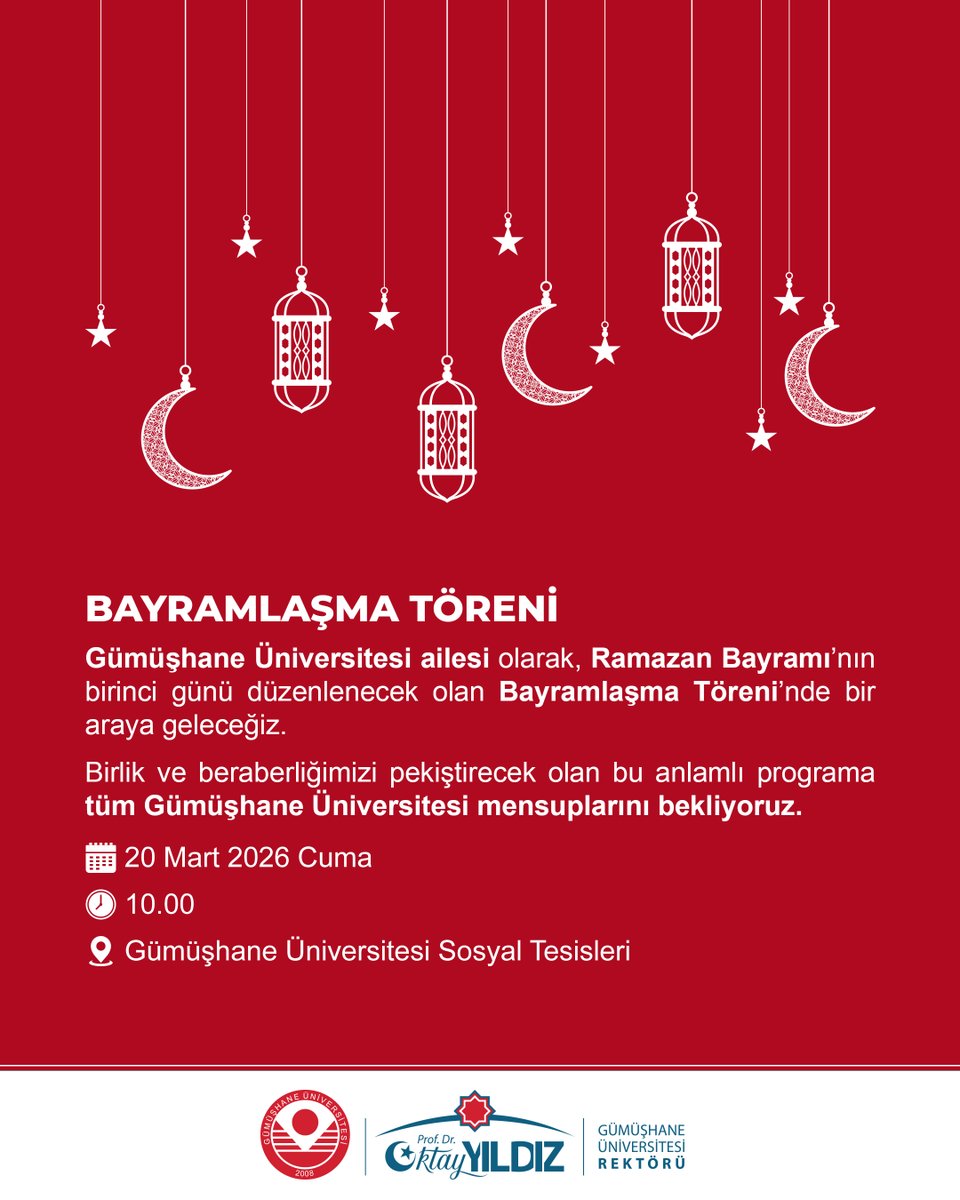 Gümüşhane Üniversitesi ailesi olarak birlik, beraberlik ve paylaşmanın en güzel örneklerinden biri olan Ramazan Bayramı’nda bir araya geliyoruz. 🌙✨

📍 Yer: Gümüşhane Üniversitesi Sosyal Tesisleri
📅 Tarih: Ramazan Bayramı 1. Gün
🕙 Saat: 10:00