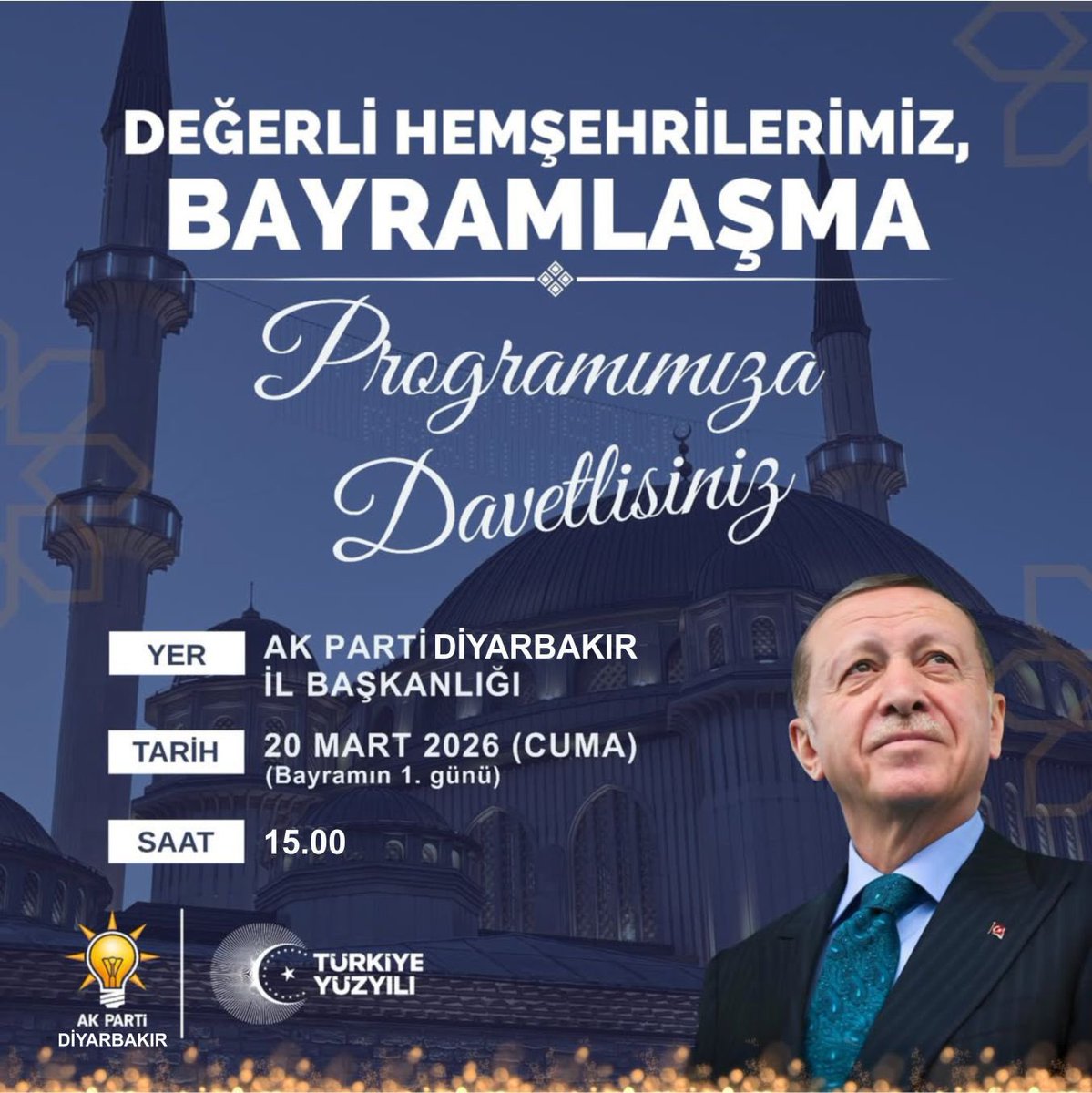 Kıymetli hemşehrilerimizle bayramın huzur ve bereketini paylaşmaktan onur duyarız.

Bayramlaşma programımıza tüm hemşehrilerimiz davetlidir 💫
Birlikte nice güzel bayramlara! 🌙

📍 AK Parti Diyarbakır İl Başkanlığı
🗓 20 Mart 2026 (Cuma)
⏰ 15.00

#MilletimizleİnancımızBir