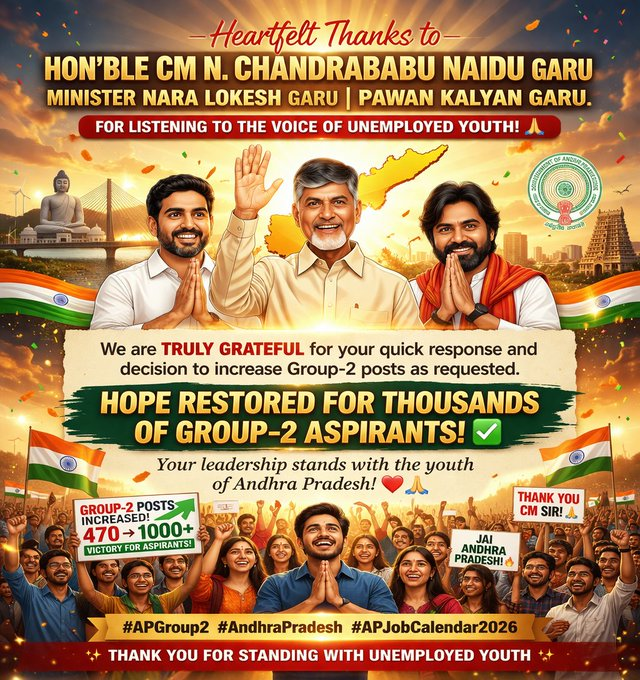 Rahul113275's tweet photo. @apjobaspirants @AndhraPradeshCM @ncbn @APDeputyCMO @PawanKalyan @naralokesh @chiranjeevimlc @SrikanthMLC @Bhumireddymlc @rajasekharam66 @AlapatiRaja_TDP @JaiTDP @JSPShatagniTeam @BJP4Andhra @kanduladurgesh @SKondapalliOffl @Dr_NarayanaP @RamanaiduTDP @SatyaAnagani @AnamReddy_TDP @PayyavulaOffl 21 నెలలుగా ఎదురుచూస్తున్న Group-2 నిరుద్యోగుల సమస్య తీవ్రతను పరిగణలోకి తీసుకుని, Group-2లో 750 పోస్టులు పెంచిన ప్రభుత్వానికి హృదయపూర్వక ధన్యవాదాలు 🙏
ఈ నిర్ణయం వేలాది అభ్యర్థులకు నూతన ఆశలను నింపింది.

#Group2 
#AndhraPradesh https://t.co/1gePCUHSOv