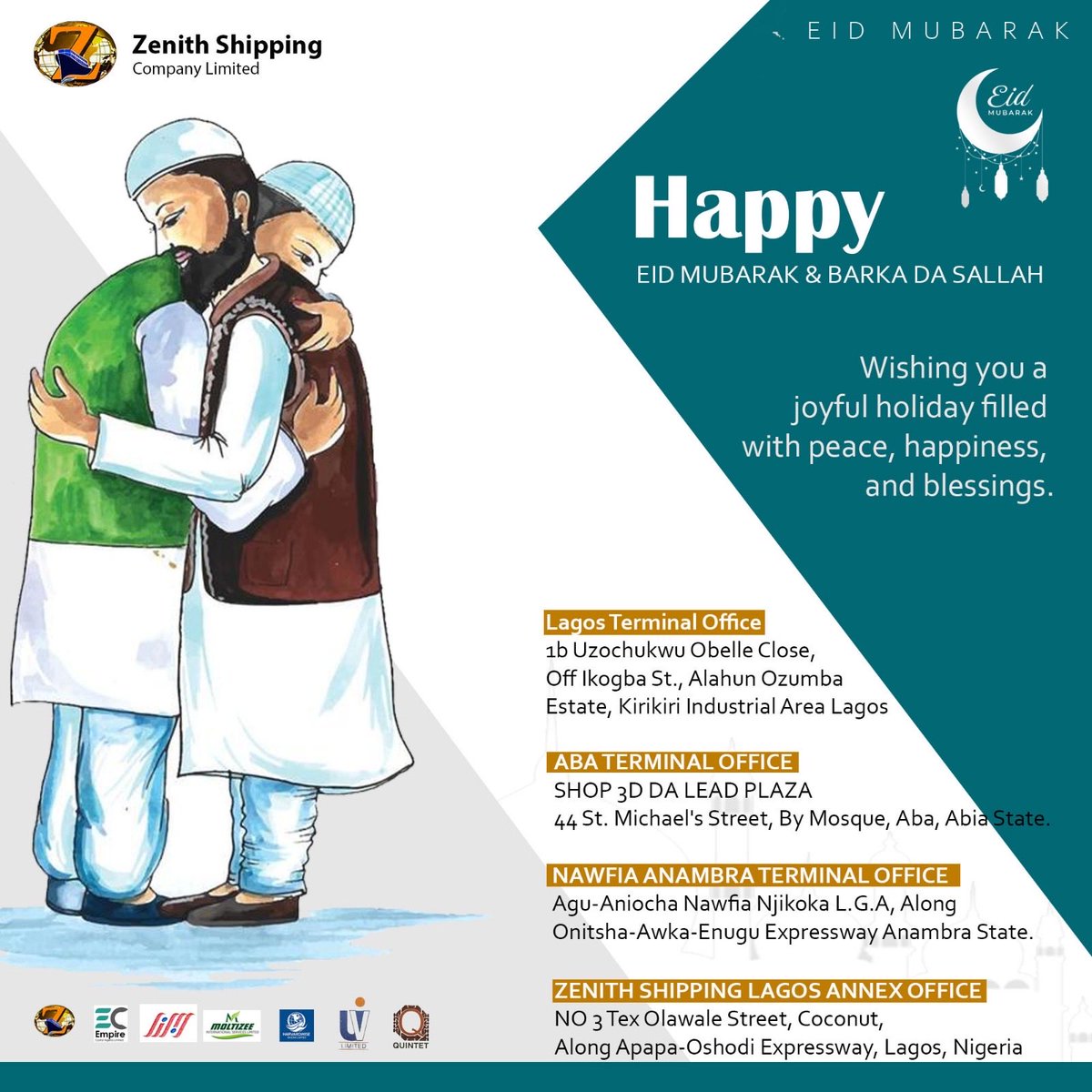 ZenithBonded's tweet photo. Happy Eid Mubarak &amp; Barka Da Sallah!!!
#eidmubarak🌙 #barkadasallah🌙 #zenithshippingbondedterminal #holydays https://t.co/fPNlHql9Y2