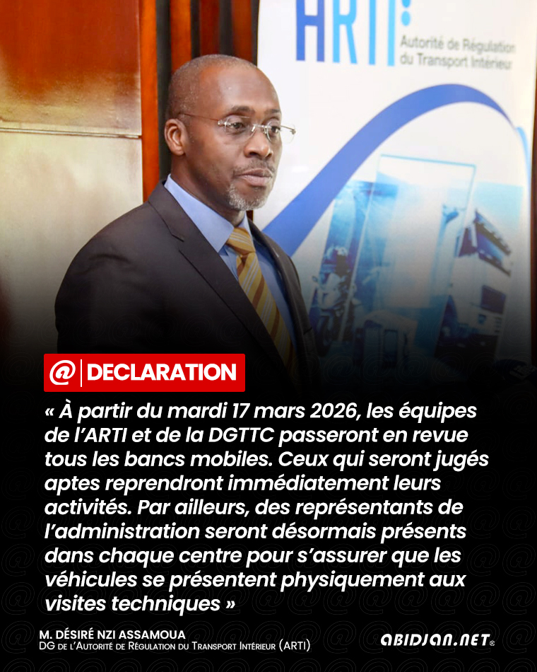 abidjan_net's tweet image. #Déclaration🚨 Voir+ 👉 news.abidjan.net/articles/74714…
➡️ Le directeur général de l’Autorité de régulation du transport intérieur (ARTI) a réitéré, le 13 mars 2026, la volonté de sa structure de s’assurer de la présence physique effective des véhicules lors des visites techniques.