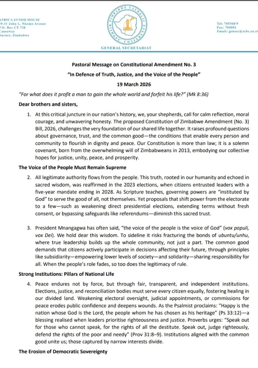 ZCBCSOCCOM24's tweet photo. Zimbabwe Catholic Bishops' Conference  pastoral message on the Constitutional Amendment  No. 3
@NewsHawksLive @CorahOnline @CcjpMasvingo @ZimNewsUpdates @Newsday @thestandardzim @NewZimbabweCom @dailynews24_NG @amnesty_zim https://t.co/0uiO6kBY1N