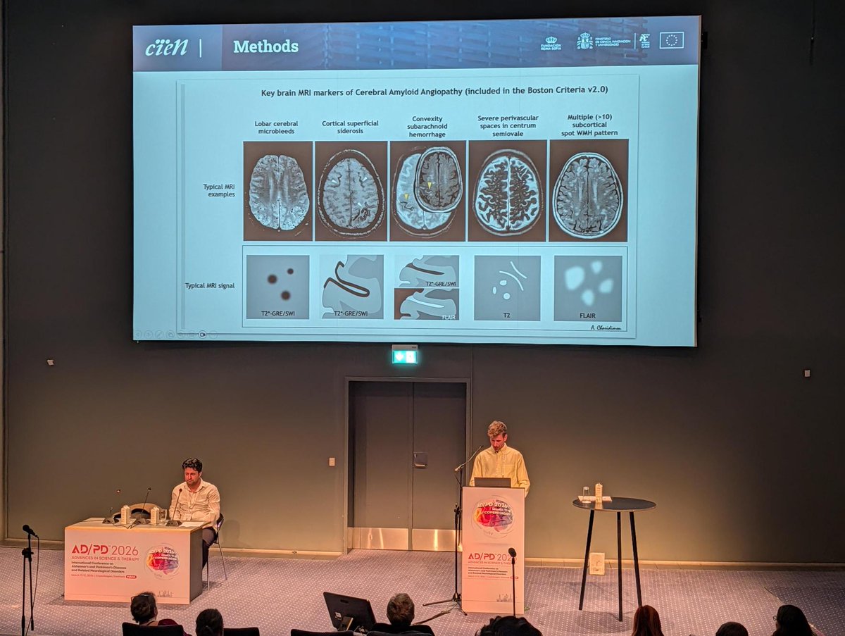 🧠 CIEN researcher Mario Ricciardi participated yesterday at #ADPD2026 in Copenhagen.

🗣️ In addition to chairing the session “CAA and BBB Dysfunction: Diagnosis, risk factors and cellular changes”, he presented a study on cerebral amyloid angiopathy in #Alzheimer’s disease.