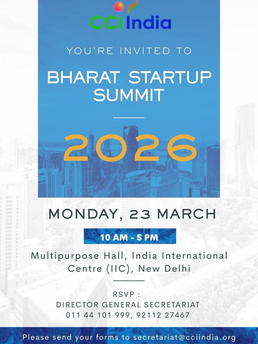 venturegarage's tweet photo. Venture Garage is supporting an exciting startup event happening in Delhi - Bharat Startup Summit 2026* on 23rd March (10 AM – 5 PM) at India International Centre (IIC), New Delhi by CCI India

It will bring together founders, startups, investors, and ecosystem leaders. https://t.co/PArYpSOQMj