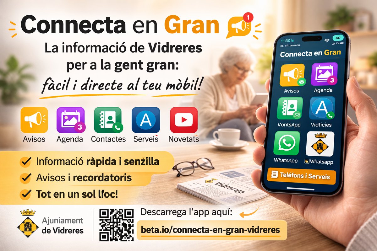 Gironanoticies's tweet image. Vidreres aposta per la inclusió digital amb l’app “Connecta en Gran” per a la gent gran  gironanoticies.com/noticia/291468…

El nou sistema permet rebre avisos municipals de forma clara, accessible i adaptada per reduir la bretxa digital  #Vidreres #laSelva @jordi_camps