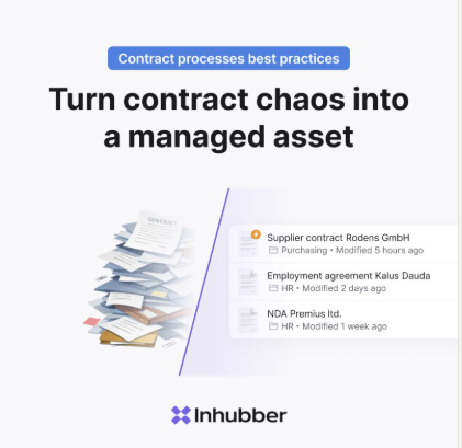 inhubber's tweet photo. Contract problems aren’t about bad contracts —
they’re about bad processes.
❌ Manual approvals
❌ Version chaos
❌ Missed deadlines

Good processes = speed, control, scalability.
With Inhubber: automate, centralize, reduce risk.

#ContractManagement #DigitalTransformation https://t.co/sZ3P0uGFtW