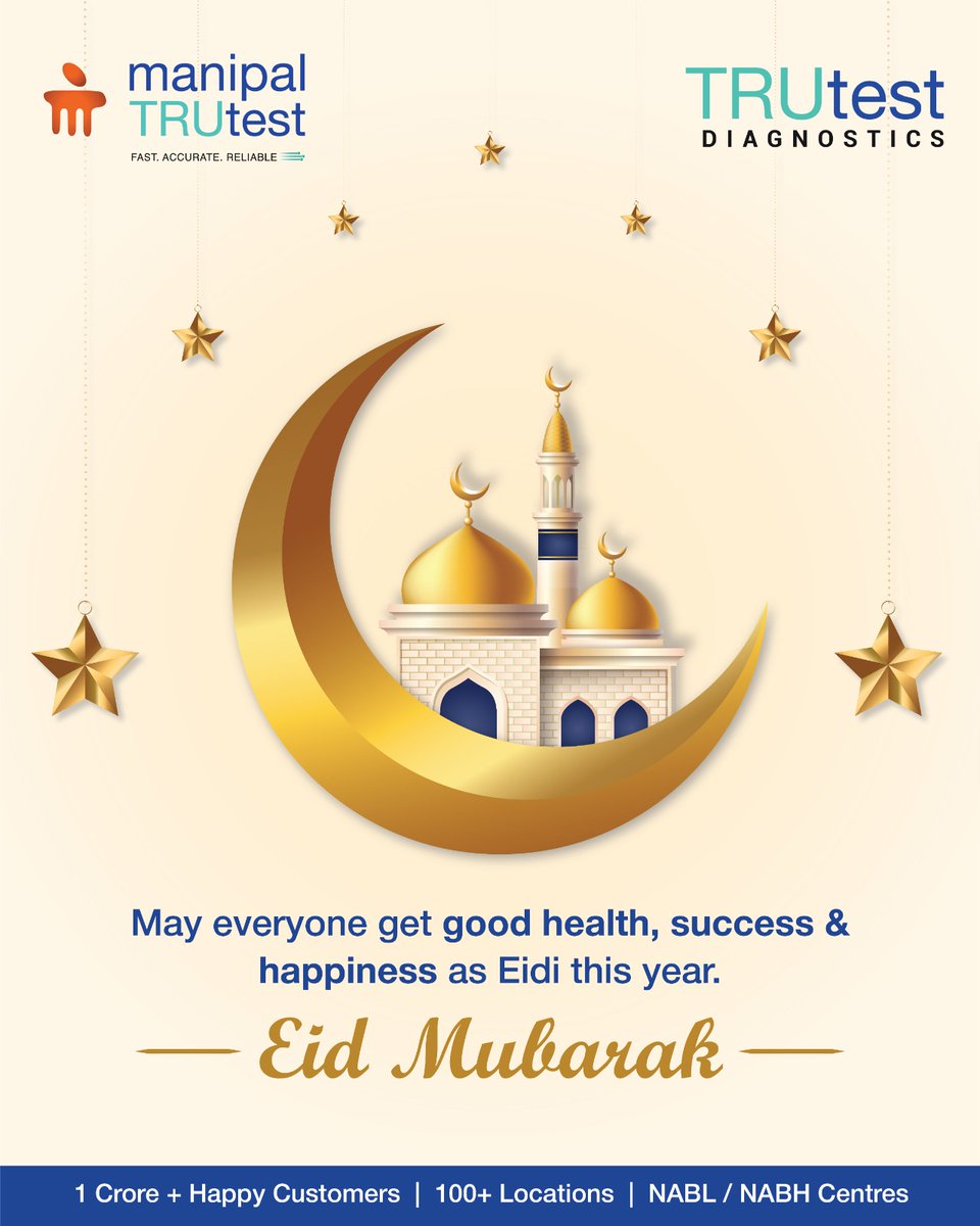 manipalTRUtest's tweet photo. Eid Mubarak! May this #Eid bring moments of joy, blessings, and the gift of #goodhealth to you and your family.

#EidMubarak #EidUlFitr #GoodHealth #TRUtestDiagnostics https://t.co/qiOAnq3iiC