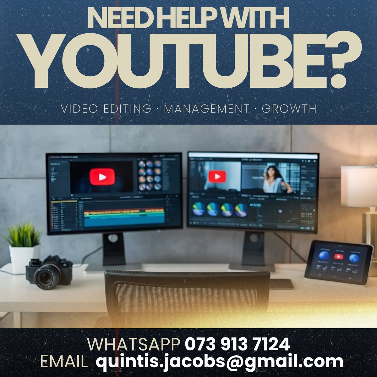 quintisjacobs's tweet photo. Do you need help with setting up your YouTube? Or would you like help with editing videos and manage your YouTube Channel?

Then please contact me and let me help you to get going with YouTube and Video Editing.

Whatsapp - 073 913 7124
Email - quintis.jacobs@gmail.com https://t.co/kknS7OVkoX