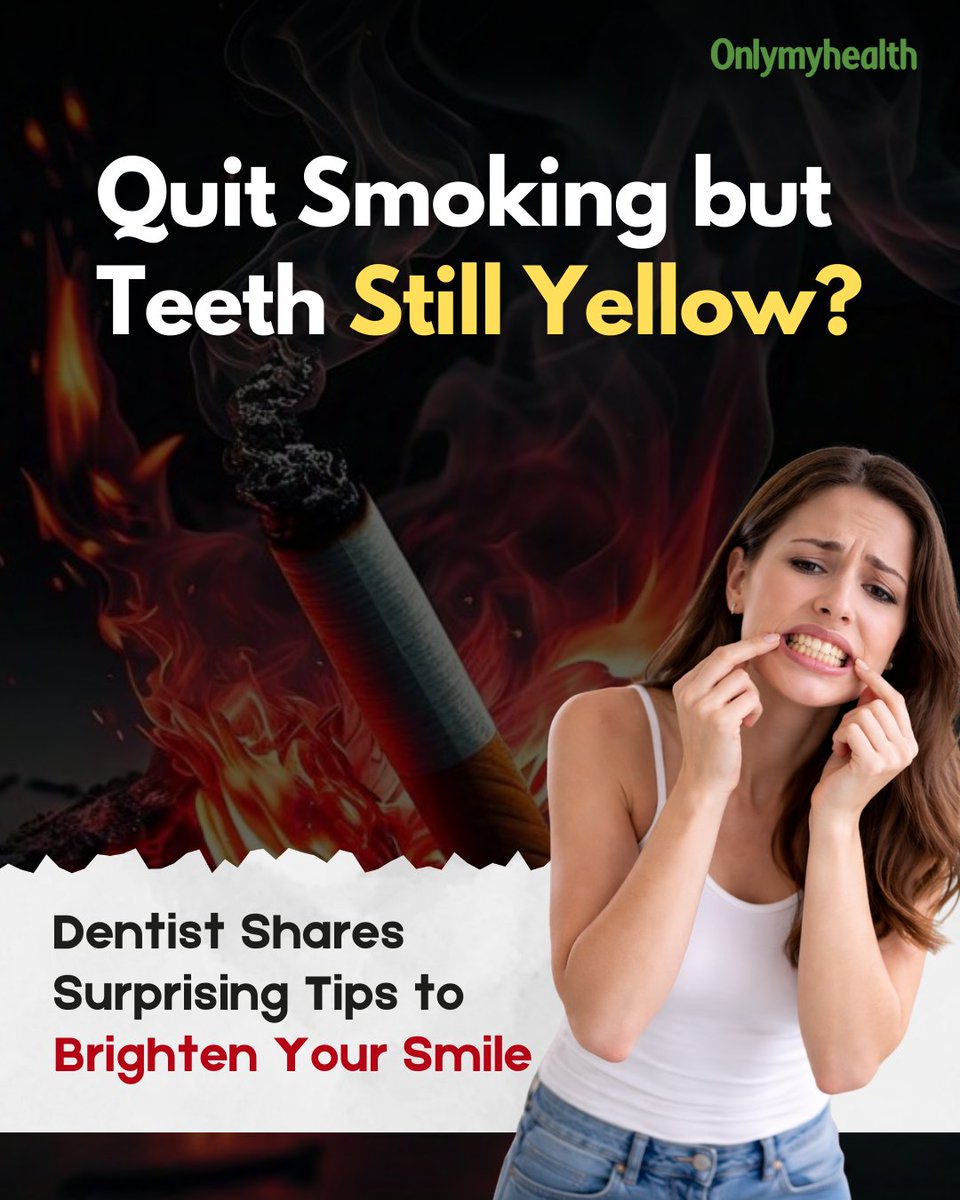 onlymyhealth's tweet image. Quit smoking but teeth still yellow? 
Fix it with brushing, flossing, less coffee &amp;amp; professional cleaning 
Consistency = brighter smile 
#TeethWhitening #QuitSmoking #OralHealth