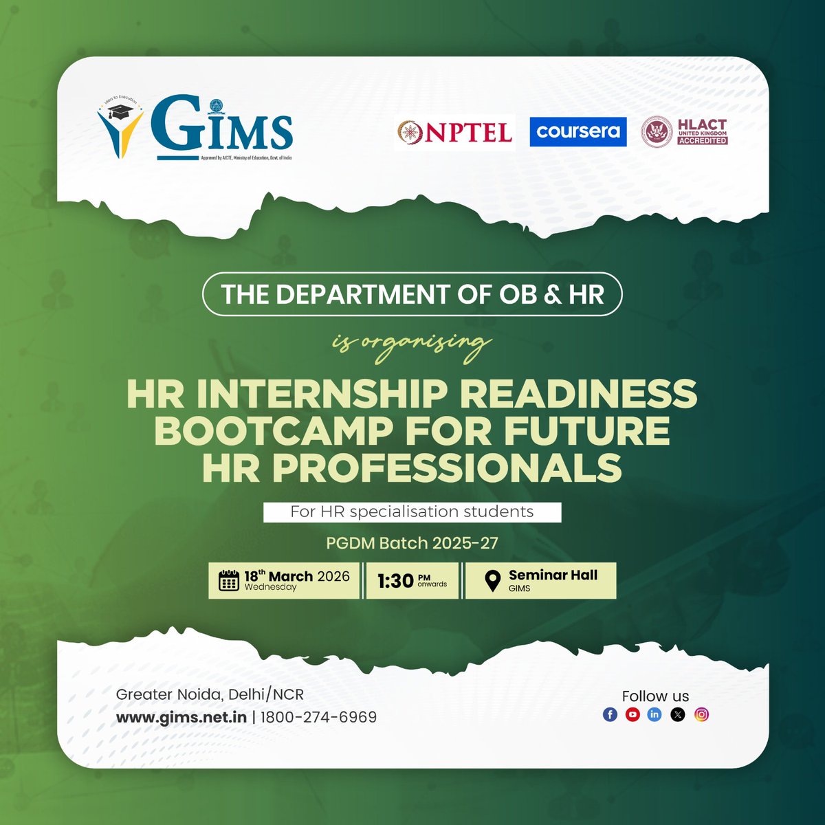 GNIOTCollege's tweet photo. GIMS organizes an HR Internship Readiness Bootcamp for PGDM 2025 27 students to build practical skills and prepare for real world HR roles.
#GIMS #HRBootcamp #FutureHRProfessionals https://t.co/kbG4N0pjYh